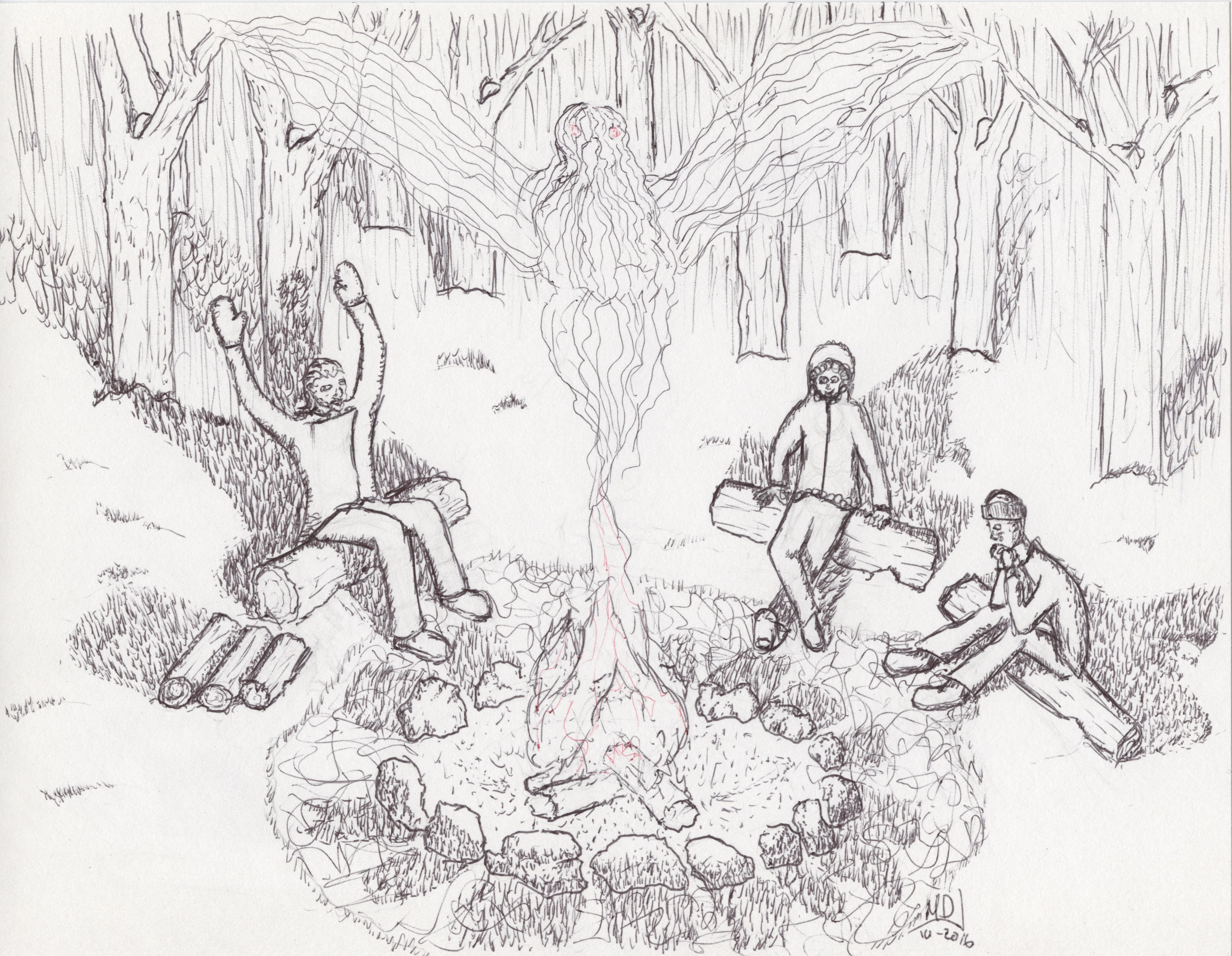 A drawing of a group in the woods around a campfire. A story teller evokes the image of a giant bird.
