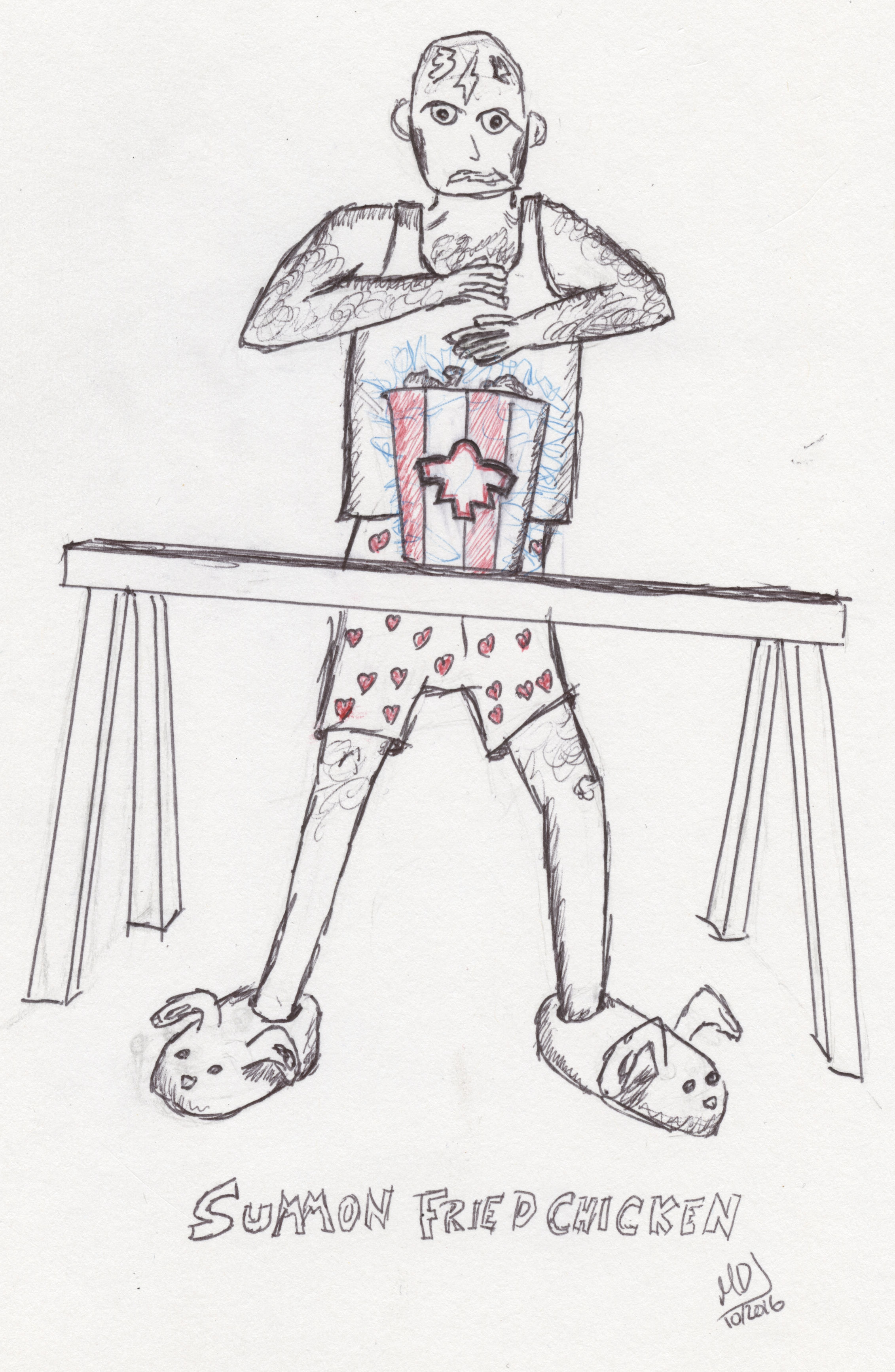 A drawing of a man in boxers and an undershirt, summoning a bucket of chicken.