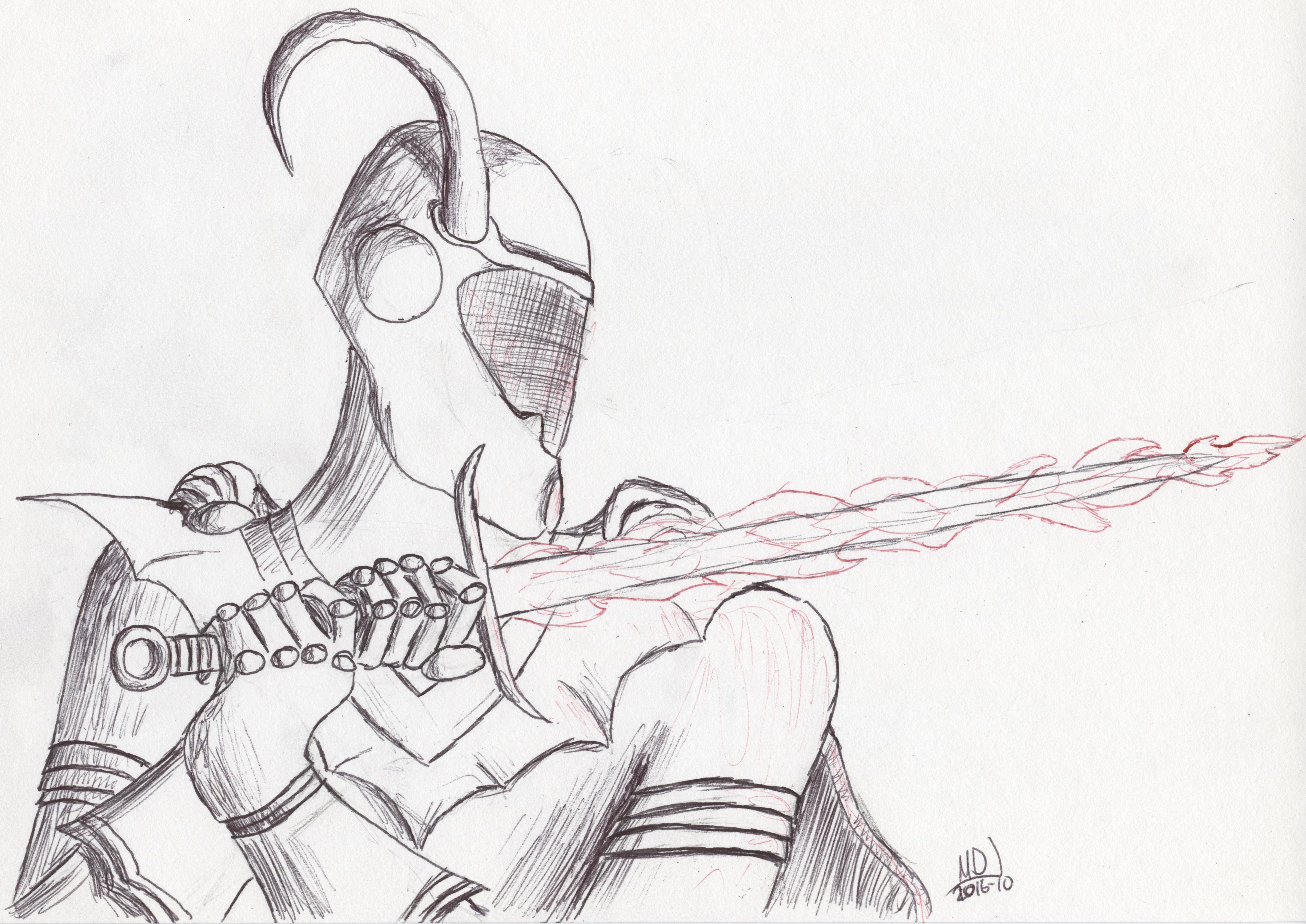 A closeup drawing of a Supreme Nexus Knight (a Rifts® NPC) holding his sword in a defensive position.